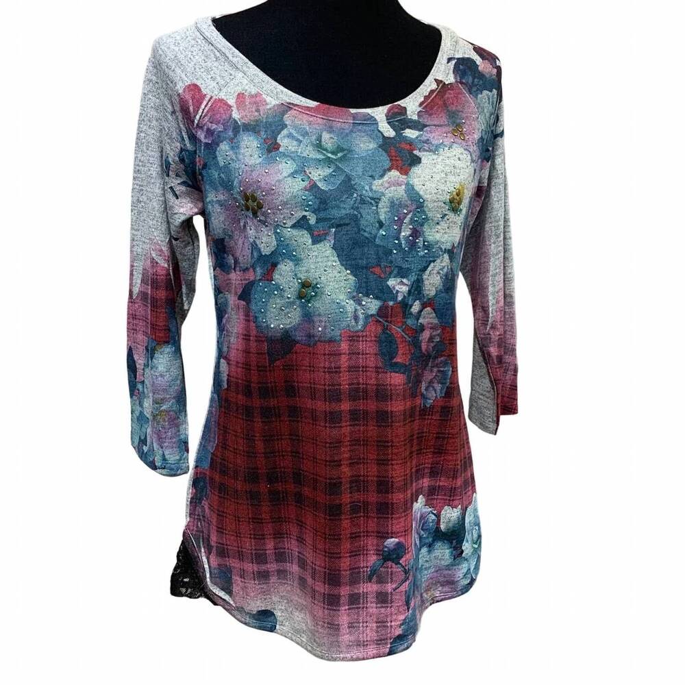 NEW STYLE & CO. women's plaid floral lace back blouse in hot pink multi